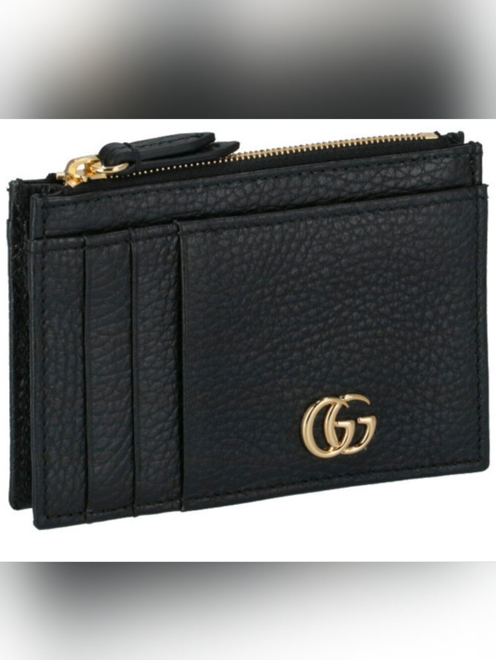 Gucci Black Pebbled Leather Card Case with Gold Double G